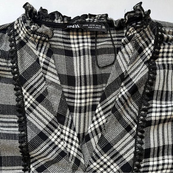 Zara Plaid Checkered Top Blouse Dress Tunic Embroidered Lettuce V Neck Hem Sz XS - Picture 9 of 16